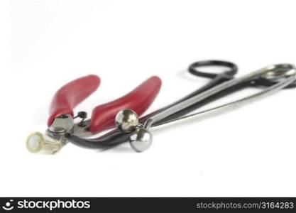Various fishing tools on white background