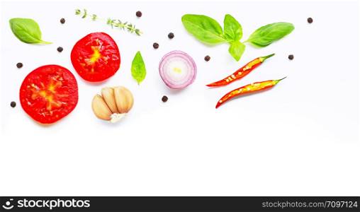 Various fresh vegetables and herbs on over white background. Healthy eating concept. Copy space