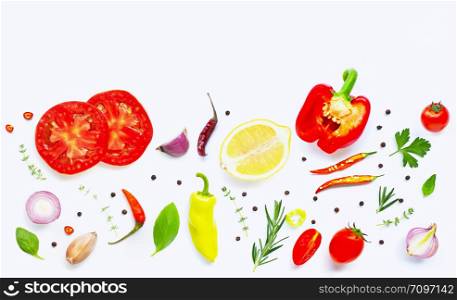 Various fresh vegetables and herbs on over white background. Healthy eating concept.Copy space