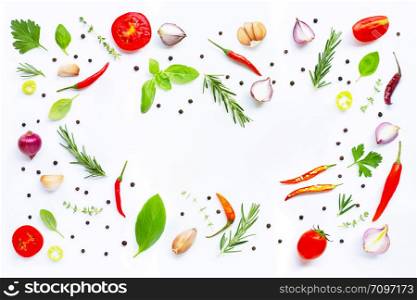 Various fresh vegetables and herbs on white background. Copy space