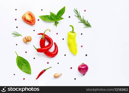 Various fresh vegetables and herbs on white background. Food and cooking ingredients, Healthy eating concept