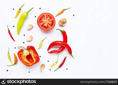 Various fresh vegetables and herbs on white background. Food and cooking ingredients, Healthy eating concept