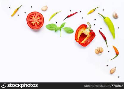 Various fresh vegetables and herbs on white background. Food and cooking ingredients, Healthy eating concept