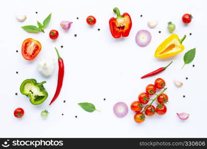 Various fresh vegetables and herbs on white background. Healthy eating concept