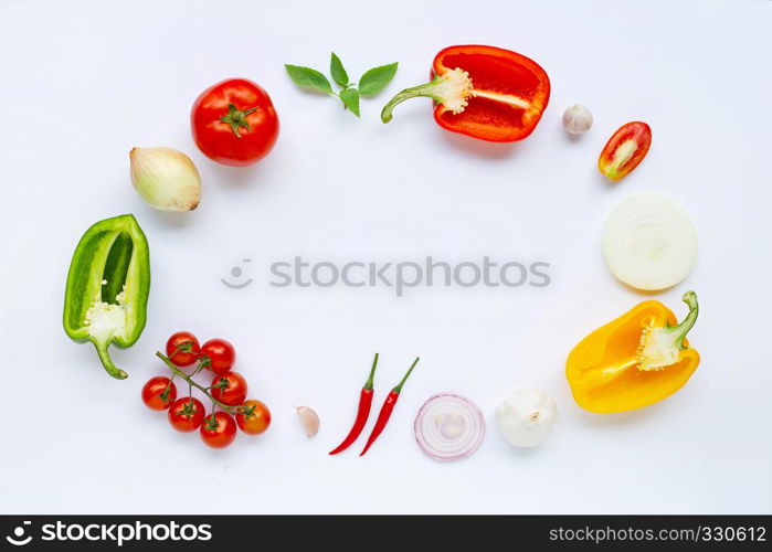 Various fresh vegetables and herbs on white background. Healthy eating concept