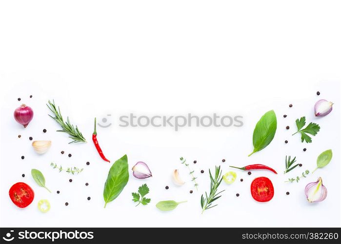 Various fresh vegetables and herbs on white background. Healthy eating concept
