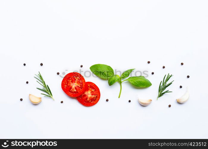 Various fresh vegetables and herbs on white background. Healthy eating concept