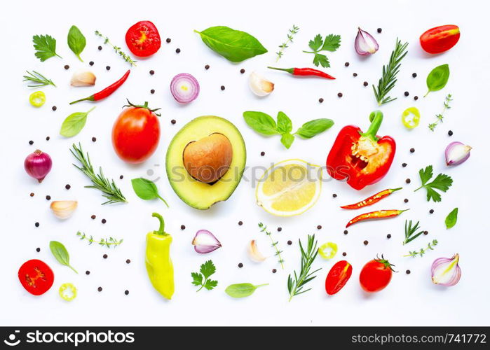 Various fresh vegetables and herbs on white background. Healthy eating concept