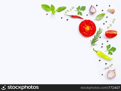 Various fresh vegetables and herbs on white background. Healthy eating concept