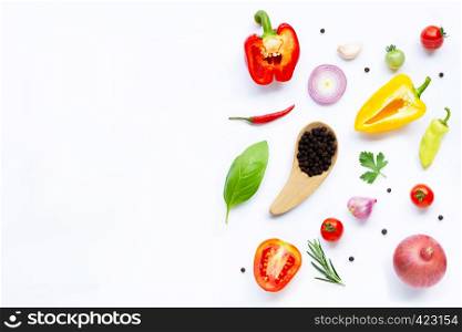 Various fresh vegetables and herbs on white background. Healthy eating concept. Copy space