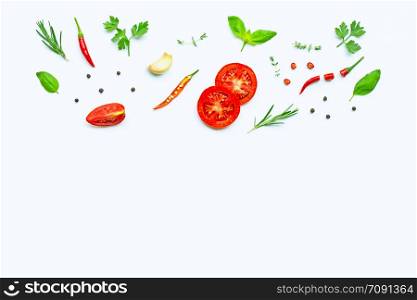Various fresh vegetables and herbs on white background. Healthy eating concept.Copy space