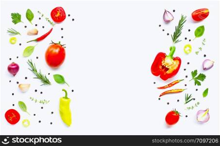 Various fresh vegetables and herbs on white background. Healthy eating concept.Copy space