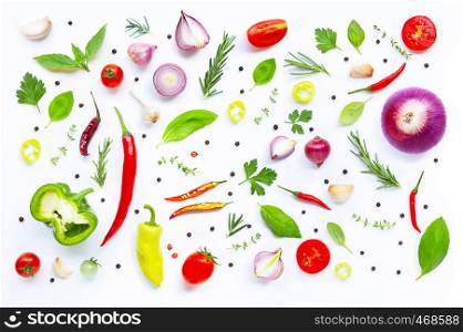 Various fresh vegetables and herbs on white. Healthy eating concept,