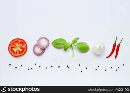 Various fresh vegetables and herbs on white. Healthy eating concept, Copy space