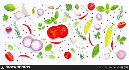 Various fresh vegetables and herbs on white. Healthy eating concept, Copy space