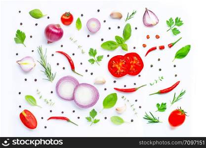 Various fresh vegetables and herbs on white. Healthy eating concept, Copy space