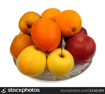 Various fruit in a glass vase on a white background, isolated