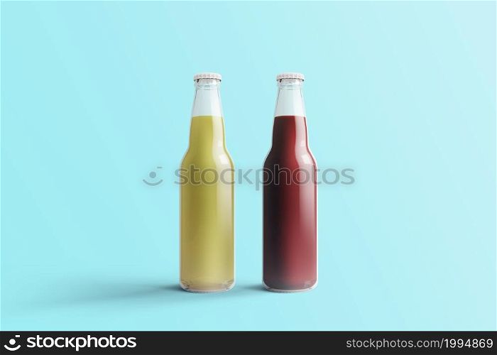 Various Fruit Soda bottles, non-alcoholic drink with water drops isolated on toscha background. 3d rendering, suitable for your design project.