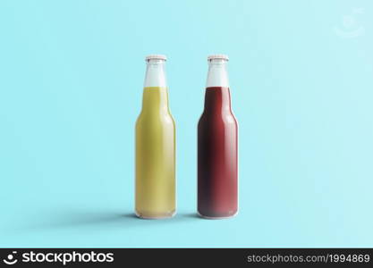 Various Fruit Soda bottles, non-alcoholic drink with water drops isolated on toscha background. 3d rendering, suitable for your design project.