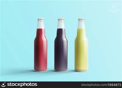 Various Fruit Soda bottles, non-alcoholic drink with water drops isolated on toscha background. 3d rendering, suitable for your design project.
