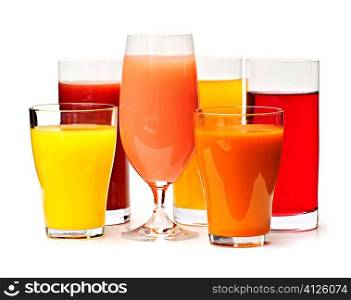 Various glasses of juices isolated on white background