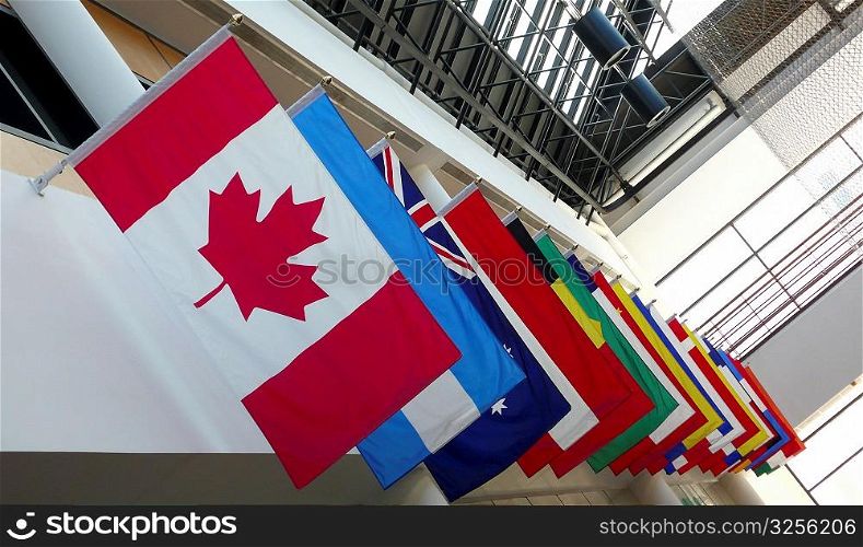 Various hanging international flags.