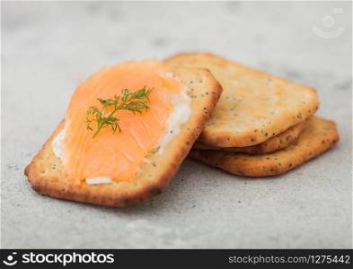 Various healthy crackers with cream and salmon on light kitchen table background.