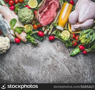 Various healthy organic balanced food ingredients : vegetables, fishes, meat, chicken, juices beverages drinks on gray concrete background , top view, border. Clean diet food concept