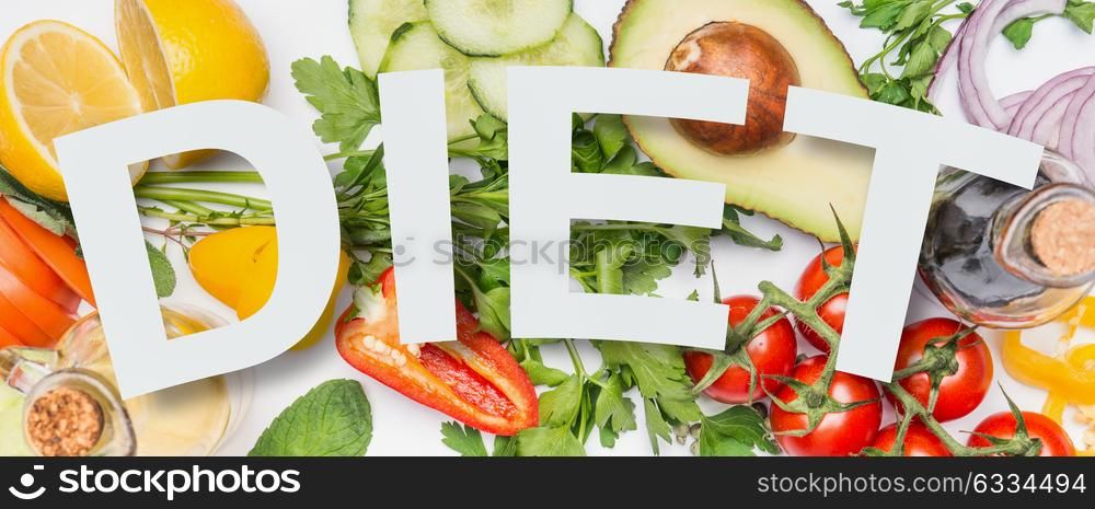Various healthy vegetables ingredients and text diet , top view. Clean eating layout, vegetarian food and diet nutrition concept.