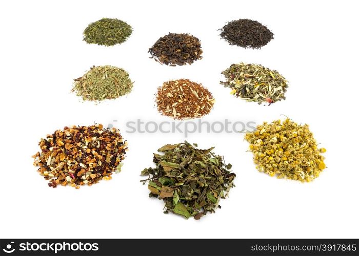 Various heaps and tastes of tea isolated on white background
