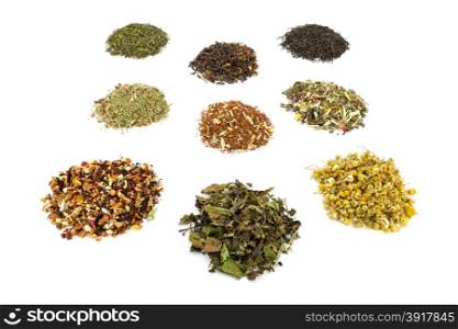 Various heaps and tastes of tea isolated on white background