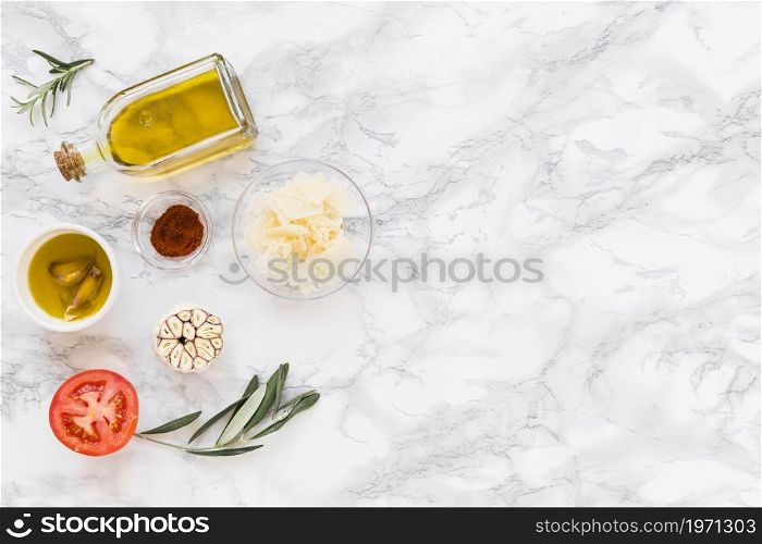various ingredients with oil white marble background. High resolution photo. various ingredients with oil white marble background. High quality photo