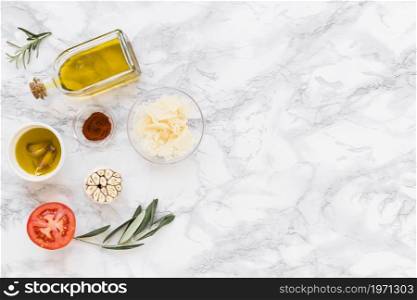various ingredients with oil white marble background. High resolution photo. various ingredients with oil white marble background. High quality photo