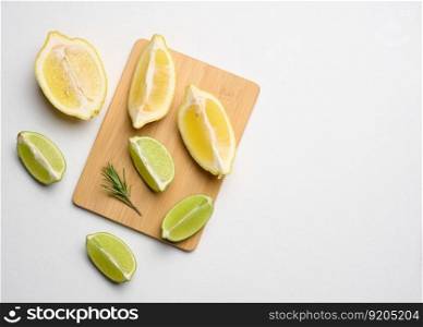 Various lemon and lime slices on a wooden board, top view