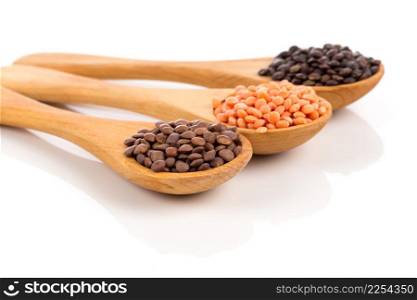 Various lentils in wooden spoons isolated on white background. Collection