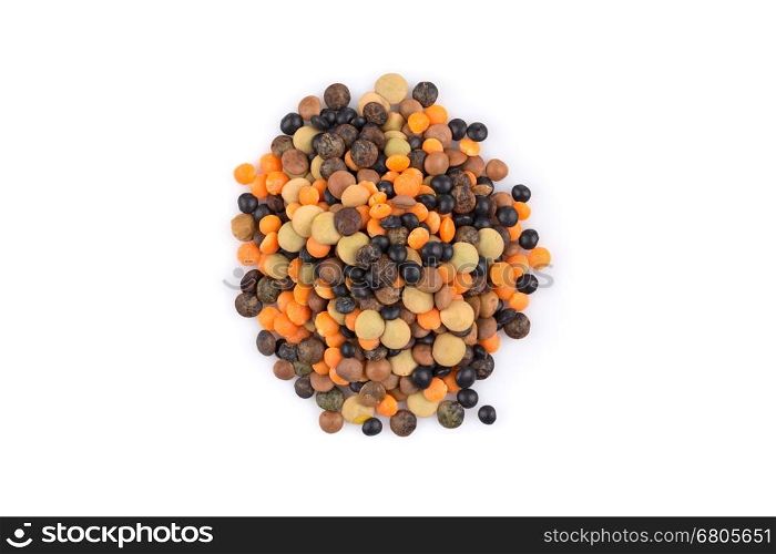 Various lentils mix on a white background