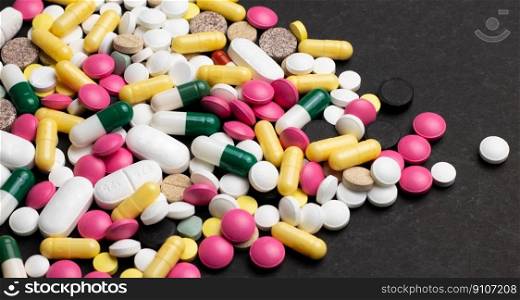 Various medical drugs, antibiotics and vitamins are scattered on the table.