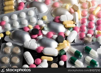 Various medical drugs, antibiotics and vitamins are scattered on the table.
