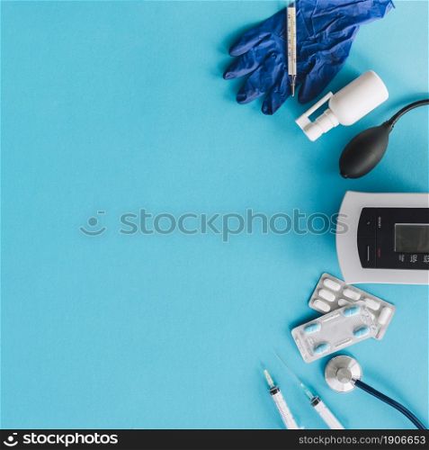 various medical equipments blue backdrop. High resolution photo. various medical equipments blue backdrop. High quality photo