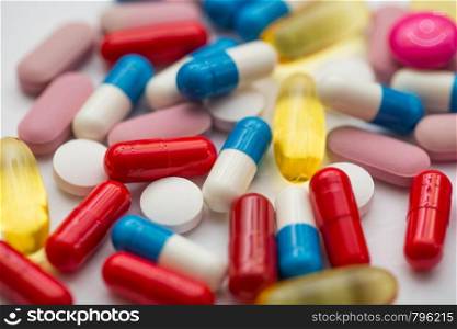 various medication pills, tablets and capsules, antibiotics healthcare close-up. various medication pills, tablets and capsules, antibiotics healthcare