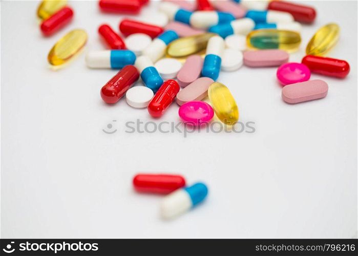various medication pills, tablets and capsules, antibiotics healthcare close-up. various medication pills, tablets and capsules, antibiotics healthcare