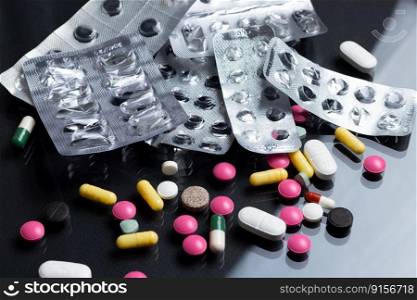 Various medicines and pills are scattered on the table along with opened blisters.