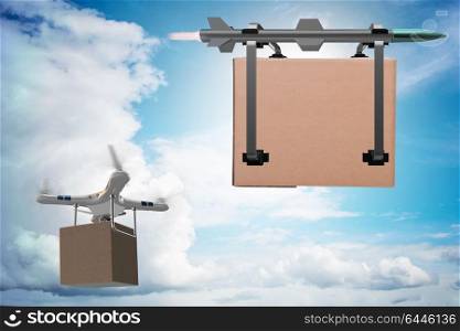 Various modern delivery methods with rockets and drone