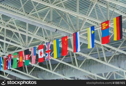various national flags hang under a stadium ceiling