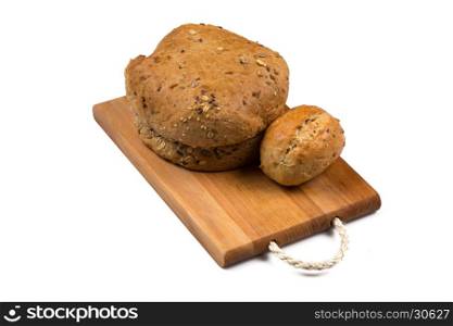 Various of bread on cutting board. Isolated on a white background