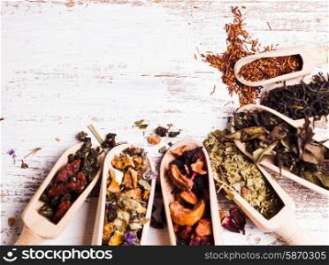 Various of dried tea in wooden scoops on white shabby table