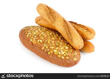 Various of french baguette and bread with pumpkin seeds. Isolated on white background