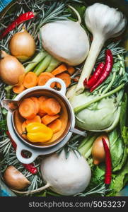 Various organic seasonal regional vegetables ingredients, fresh condiment and root vegetables for Healthy , clean food or vegetarian, vegan cooking and eating concept