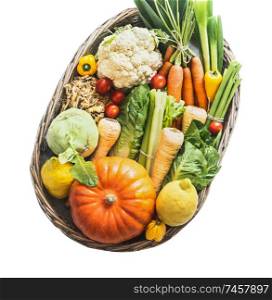 Various organic vegetables and ingredients in tray, isolated on white background. Low carb veggies. Clean organic farm vegetables. Healthy food. Local market products. Harvested vegetables. Pumpkin