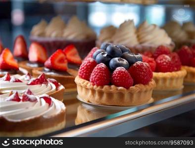 Various pastries with berries in cafe showcase.AI generative